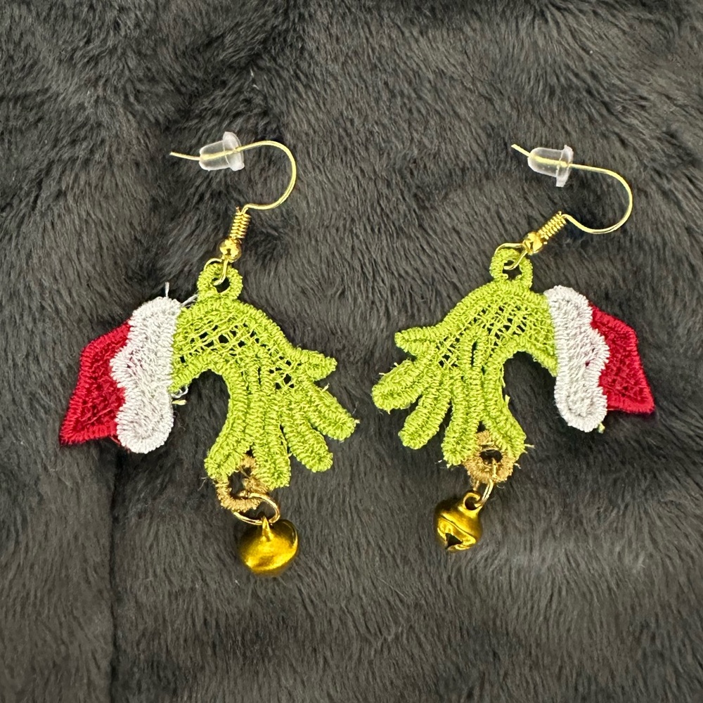 Embroidered Free Standing Lace Festive Green and Red Earrings with Bells